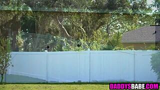 Latina stepdaughters stroke and suck stepdads hard boner in taboo threesome