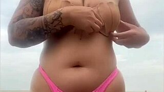 told him to pull his dick out of shorts at beach to check if it's really hard flashing my swollen pussy