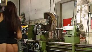 brunette milf pleasures mechanic's monster cock in workshop blowjob