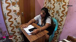 Indian student rails horny milf teacher on desk then facefucks her