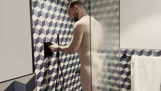 italian milf pornstar bareback fucks muscular stud in shower backstage no condom