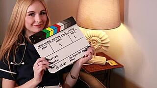 excited british teen nurse in uniform teases patient with deepthroat blowjob orgasm