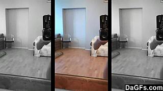 Brunette teen gropes shaved small tits in mirror close-up