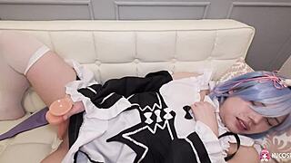 miu akino rubs dildo on clit moans in maid uniform on sofa