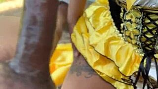 goldilocks takes big black cock bareback deep in the woods