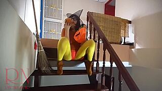 witch regina noir rips clothes in yellow pantyhose velma cosplay on haunted stairway!