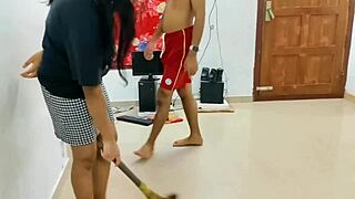 komal and friend share threesome fun while cleaning house with one guy