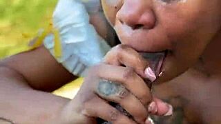 goldilocks takes big black cock bareback deep in the woods