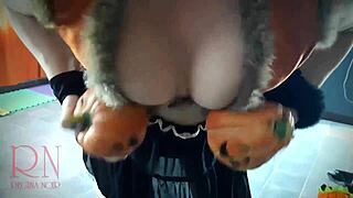 witch regina noir rips clothes in yellow pantyhose velma cosplay on haunted stairway!