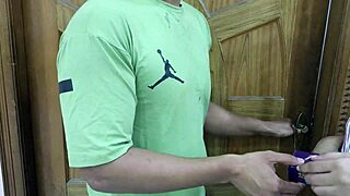 Beautiful wife moans riding delivery boy's cock tight pussy condom fuck closeup