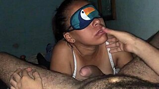 blindfolded slut deepthroats big cock while moaning and licking balls hungrily