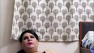 Shemale Monica teases small cock and big ass in black lingerie before masturbating orgasm