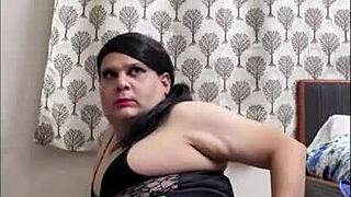 Shemale Monica teases small cock and big ass in black lingerie before masturbating orgasm