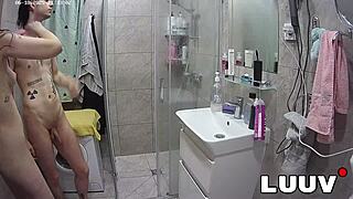 luuv watches brunette girlfriend orgasm hard from cunnilingus post-shower voyeur