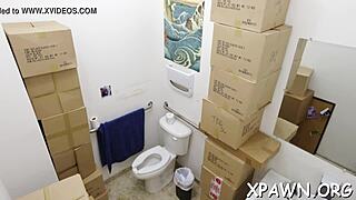 bimbo sneaks quick fun behind shop counter