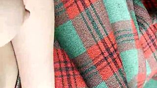 Shy neighbor hides under blanket for intense cunnilingus licking