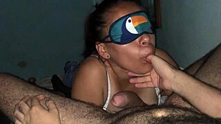 blindfolded slut deepthroats big cock while moaning and licking balls hungrily