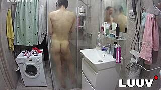 luuv watches brunette girlfriend orgasm hard from cunnilingus post-shower voyeur
