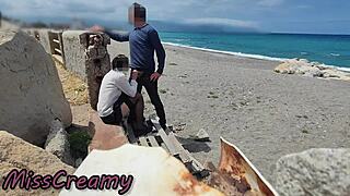 ever wonder what happens when teacher flashes dick on beach then gets risky blowjob from student in stockings?