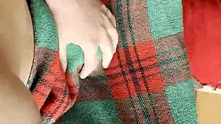 Shy neighbor hides under blanket for intense cunnilingus licking