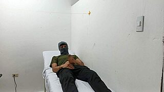 Kinky doctor sneaks to office corner stroking huge fat cock frantically