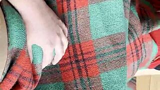 Shy neighbor hides under blanket for intense cunnilingus licking