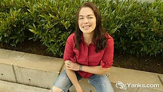 Cute Lilith rubs shaved pussy to orgasm in bathroom mirror