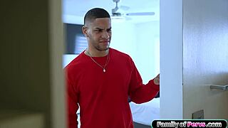 Stepmom showers then deepthroats and fucks young stepson hard.