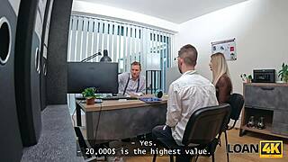 our family couple shows up for a loan interview but wife jumps on the manager's cock right there with hubby watching 😏