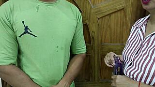 Beautiful wife moans riding delivery boy's cock tight pussy condom fuck closeup