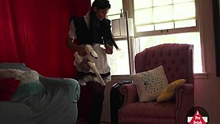 Sexy French maid in stockings and skirt vacuums seductively, upskirt flashing her model curves while cosplaying cleaning lady.