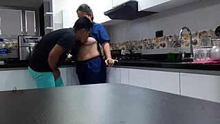 i talk employee into hot kitchen fuck watch her big tits bounce