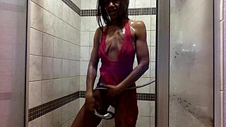 wanna see this wet milf ebony in pink lace panties play in the shower?