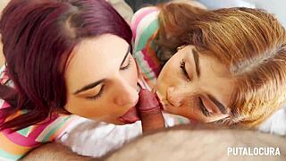 young latinas marina gold and rosie cage take turns riding and swallowing torbe's load