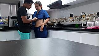 i talk employee into hot kitchen fuck watch her big tits bounce