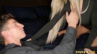 ms naughty housewife flashes shaved pussy then deepthroats guest cock in kitchen