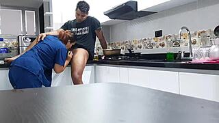 i talk employee into hot kitchen fuck watch her big tits bounce