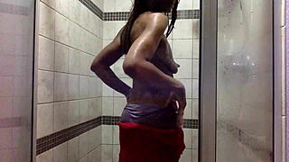 wanna see this wet milf ebony in pink lace panties play in the shower?