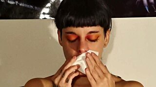 Teen goth sneezes huge snot strings