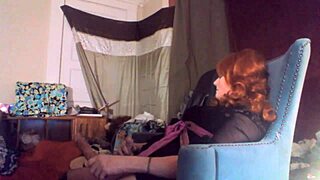 Does sexy redhead tranny masturbate by swallowing huge vibrating 8 inch dildo?
