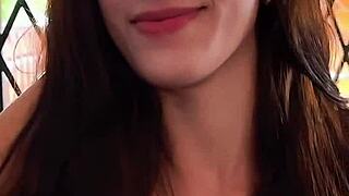 a horny petite 18yo latina brunette with big tits gives sloppy deepthroat ball sucking rimjob in pov interview