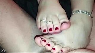 Wow, newlywed wife gives awesome footjob and handjob till cumshot!