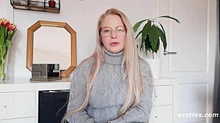 cute blonde anna in glasses fingers shaved wet pussy with dildo vibrator till she squirts hard