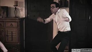 stepsister spreads shaved pussy for virgin stepbrother's first deep fuck session