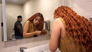 distracted by this busty redhead's huge tits in mens bathroom, big dick tempts her bad