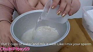 sexy asian bbw milf cooks pork cabbage sizzling hot in kitchen with huge natural saggy tits tease