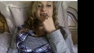 Cutie teen babe strips clothes, rips top to suck big tits and tease dildo on webcam