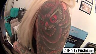 sexy brunette babes christy and kirsten with big tits and tattoos lick and fuck each others pussies till they cum silly