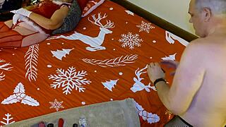 Mature granny carmen claus in christmas cosplay deepthroats cock close-up with naughty double entendres