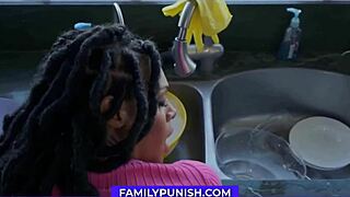 Stepson rams cock deep in stepmom's pussy at sink